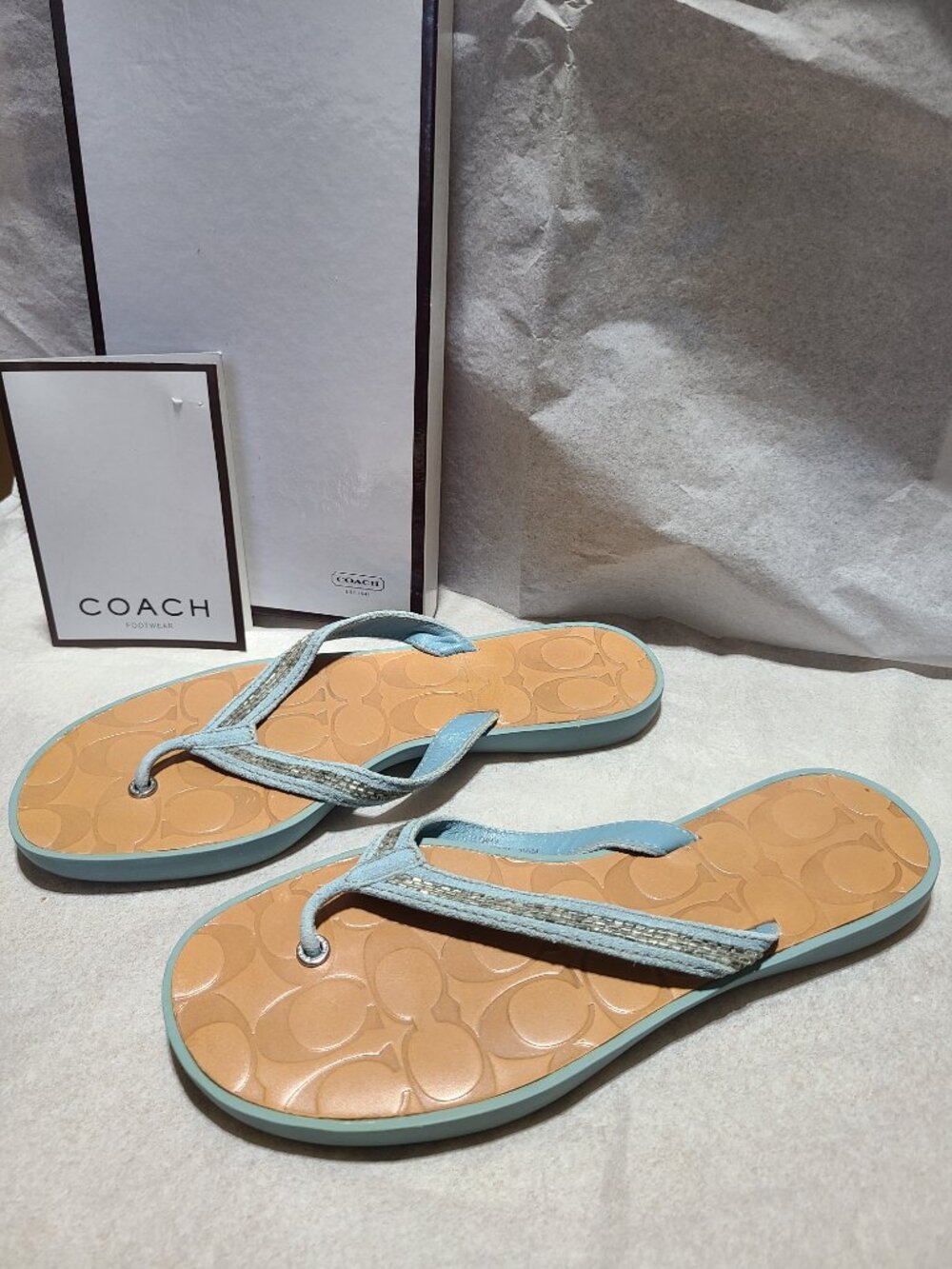 Coach Laurel Signature Vachetta Leather Beaded Blue Flip Flop Sandals - Picture 4 of 5